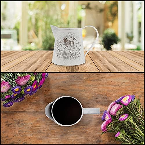 BELLE VOUS Metal Shabby Chic Flower Jug Vase - 13cm / 5.11 inches - French Style Metal Pitcher with Handle - Rustic Farmhouse Vintage Bird Decor Design - Pot for Home, Wedding and Office