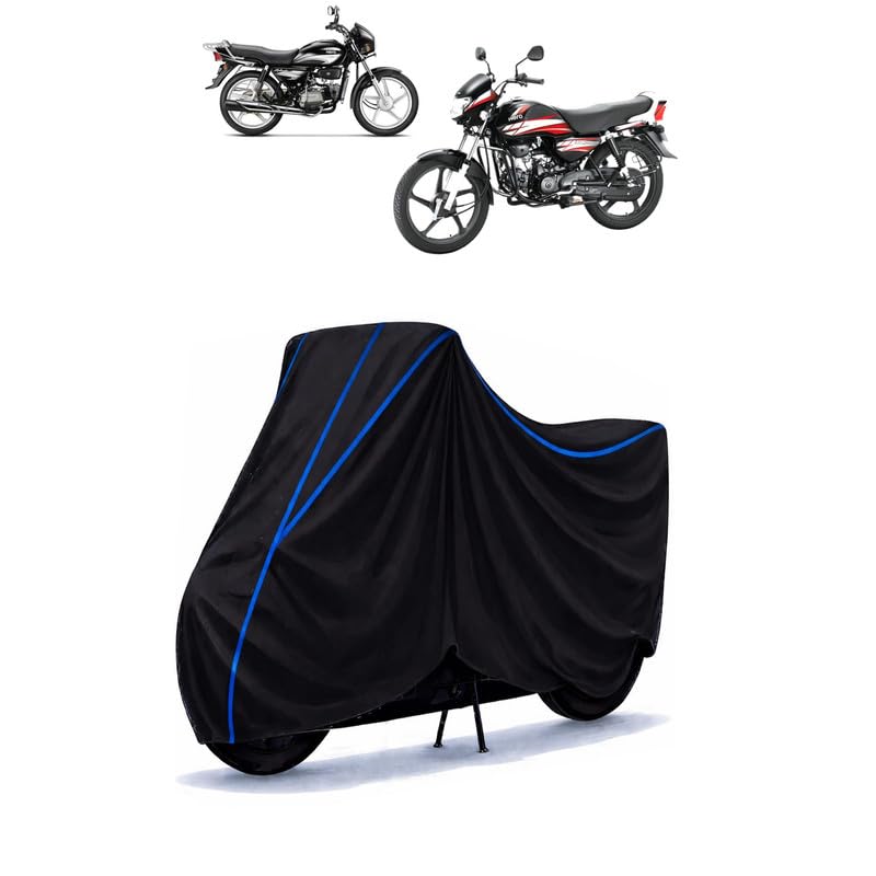 Image of Hero HF Deluxe HF 100 Bike Cover Water Resistant Universal Motorcycle Rain | Heavy Duty UV Protection, Dust, Scratch Indoor Outdoor All Weather with Black Blue Piping Elastic