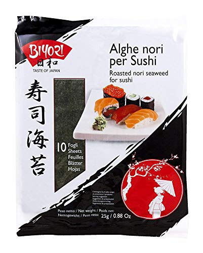Biyori - Alghe Nori per Sushi - 20 Fogli di Alghe Tostate ed Essiccate Pronte all'Uso - Ideale per Preparazione Sushi o per Cottura Brodi, Legumi e Stufati - Non necessita di Cottura