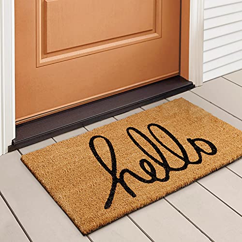LuxUrux Hello Door Mat Outdoor Coco Coir Doormat with Heavy-Duty PVC Backing - Natural - Perfect Color/Sizing for Outdoor/Indoor uses. (17 x 30 Script Hello)