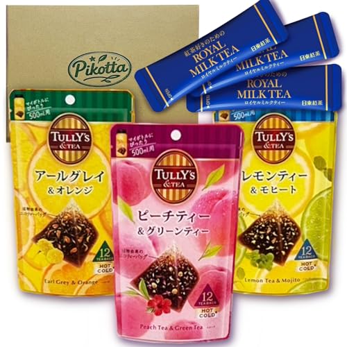 【Pikottaセット】タリーズ フルーツティーバック 3種アソート (アールグレイ&オレンジ・ピーチティー&グリーンティー・レモンティー&モヒート) 各種1袋 詰め合わせ + 日東紅茶ロイヤルミルクティー スティック3本 セット