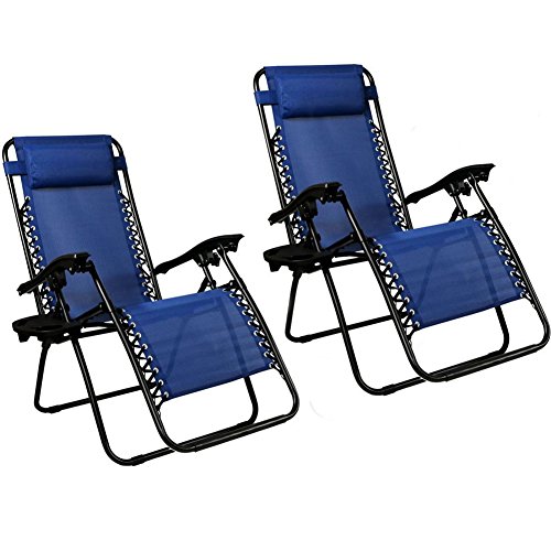 EMMETTS Ourdoor Black Zero Gravity Lounge Chair with Pillow and Cup Holder (Blue)