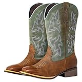 SheSole Extra Wide Calf Cowboy Boots for Women - Square Toe & Classic Stitching with Earth Tones, Removable Cushion Insoles | Roomy Comfort for Full-Figured Calves (Green, X-Wide, 7)