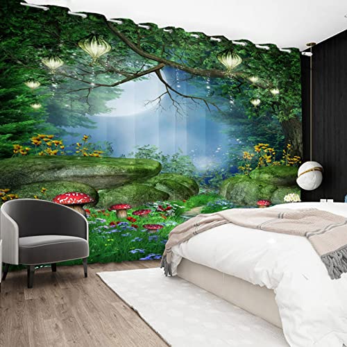 SDOTPMT 117x138cm Magic Forest Window Curtains Fairytale Mushroom Lantern Green Grass Window Drapes Flower Jungle Natural Window Treatment for Kids Living Room Bedroom Blackout Curtain - Image 4