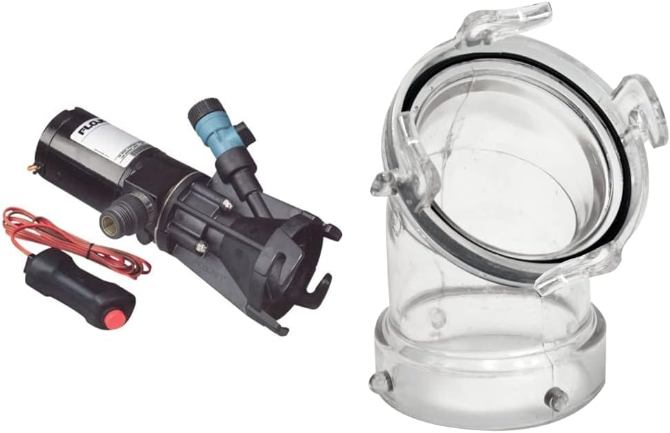 Flojet 18555-000A Portable RV Waste Pump with Garden Hose Discharge Port - 12 VDC Motor & Valterra 1218.103 T1026-1 45° Clearview Adapter with 3" Bay Lug