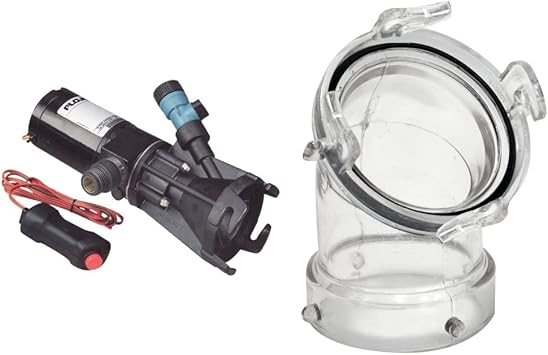 Flojet 18555-000A Portable RV Waste Pump with Garden Hose Discharge Port - 12 VDC Motor & Valterra 1218.103 T1026-1 45 Clearview Adapter with 3" Bay Lug