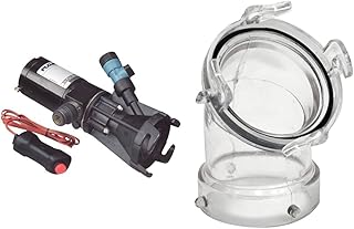 18555-000A Portable RV Waste Pump with Garden Hose Discharge Port - 12 VDC Motor & Valterra 1218.103 T1026-1 45° Clearview Adapter with 3" Bay Lug