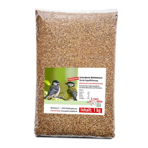 Paul´s Mühle Mehlwürmer getrocknet, Proteinreiche Würmer für Igel, Hamster, Teichfische und Vögel, 1 kg