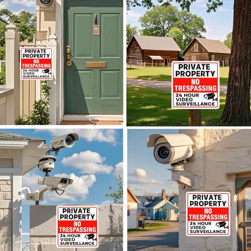 Image of 4 Pack No Trespassing Signs Private Property, Video Surveillance Sign | Reflective aluminum signs, which are weather - resistant and easy to install, are suitable for courtyards, gates and fences