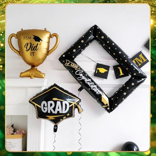 Image of 141Pcs Green Gold Black Graduation Balloon Garland Arch Kit,with Explosion Star,Diploma,Trophy,Grad Hat,Photo Frame Foil Balloon for Congrats Class of 2026 Graduates Celebration Party Decoration