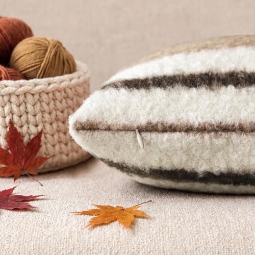 Image of Foindtower Pack of 2 Soft Faux Fur Boucle Throw Decorative Pillow Covers Fuzzy Accent Striped Cushion Sherpa Boho Farmhouse Pillowcase for Couch Sofa Bed Living Room Home Decor 18x18 Inch,Cocoa Brown