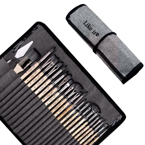 Image of Like It 24 Pieces Professional Paint Brush Set with Roll Pouch - Premium Synthetic Bristles Artist Brushes for Acrylic, Watercolor & Oil Painting - Multi-Size Wooden Handle Brushes for Canvas Art