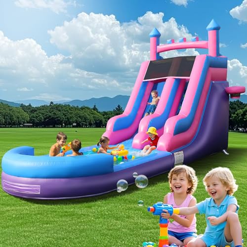 26.2X 17.4 x 9.8FT Inflatable Commercial Grade Water Slide with Pool and Air Blower for Adults, Premium 100% PVC Big Bounce House with Double Slides, Wet Dry Use, Summer Refreshing Party