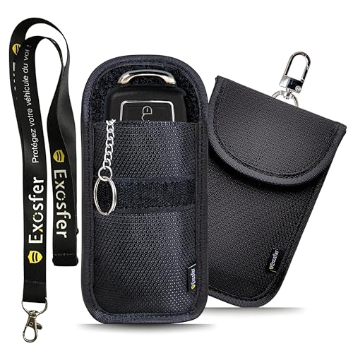 EXOSFER – Antivol Voiture : Pack 2 Étuis Anti RFID Ripstop (1 Small + 1 Medium) + 1 Tour de Cou | Protection Clé Mains Libres, Badge Télépéage | Pochette Anti Piratage Blocage RFID.