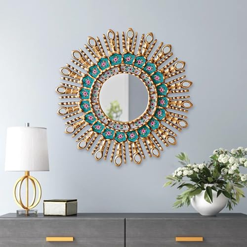 DecorContreras Round Sunburst Wall Mirror | Peruvian Hand Painted Turquoise Glass Mirror with Bronze Leaf Finish | Boho Wall Decor 17.7β (Gold) DecorContreras Round Sunburst Wall Mirror | Peruvian Hand Painted Turquoise Glass Mirror with Bronze Leaf Finish | Boho Wall Decor 17.7β (Gold)