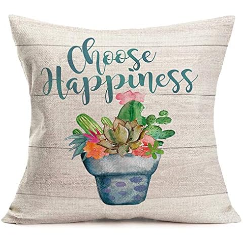 Doitely Choose Happiness Quote Pillow Covers 18x18 Inches Watercolor Succulent Cactus Bonsai with Wood Grain Background Farmhouse Decorative Square Pillow Cases for Home Patio Garden Decor (WR-1) Cover