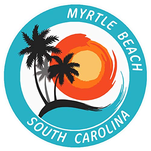 Myrtle Beach, South Carolina Tropical Scene Decorative Car Truck Window Sticker Decal Vinyl Die-Cut Badge Emblem Vacation Souvenir Travel Gear Ocean Island Beach