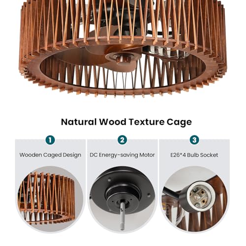 Image of 20 inch Flush Mount Ceiling Fan with Light, Wooden Caged Low Profile Fandelier with Remote, 6-Speed Reversible Bladeless Fan, Farmhouse Ceiling Fan for Bedroom, Kitchen, Living Room