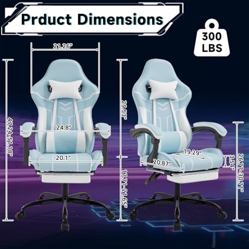 Image of Gaming Desk Chair for Adults, Ergonomic Gaming Chair with Footrest & Headrest and Lumbar Support, Leather Material Height Adjustable Computer Video Game Chairs (Blue+White)
