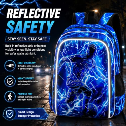 Image of 3Pcs Soccer Backpack for Boys, Lightning Kids Bookbag with Lunch Box, 17 inch School Backpacks for Elementary Preschool Kindergarten (Blue)