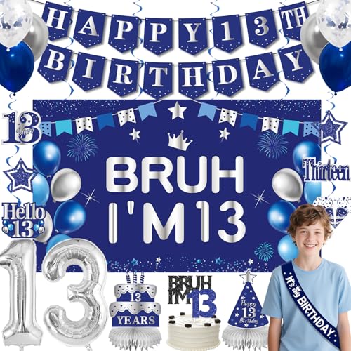 13th Birthday Decorations for Boys Girls, Blue Sliver Bruh I'm 13 Backdrop Happy 13th Birthday Banner Honeycomb Centerpieces Cake Topper Balloons Hanging Swirls, 13 Year Old Bday Party Supplies