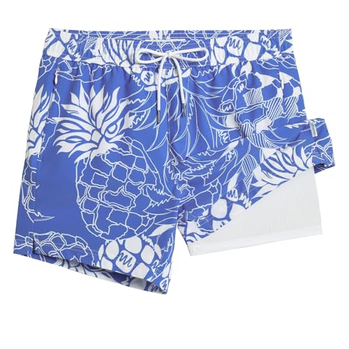 MaaMgic Herren Badehose mit Kompression Badeshorts 2 in 1|14cm Innenlänge Schnelltrocknend lässige Swim Shorts Kurz Boardshorts mit Innenhose Reißverschlusstasche XS-XXL,04 Ananas Blau Weiß,L