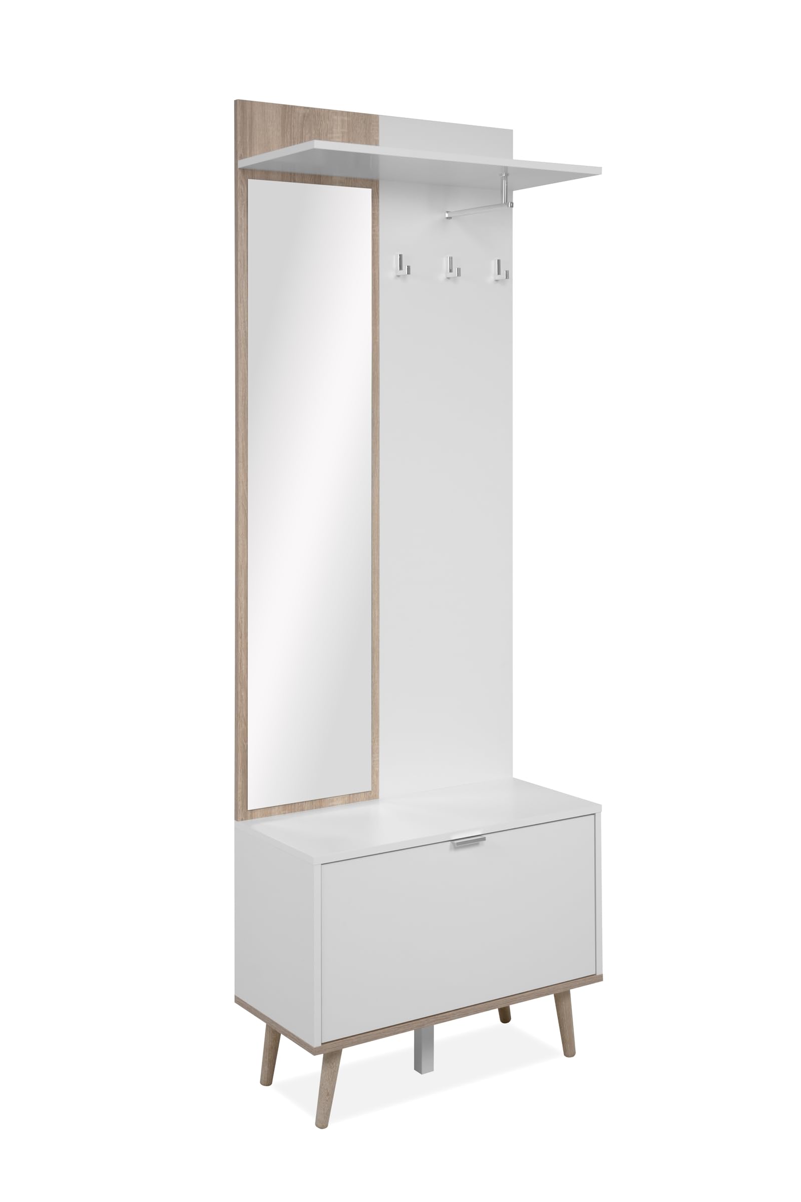 möbelando Kompaktgarderobe Göteborg – Garderobenschrank mit Spiegel, 195 cm hoch, Weiß/Sonoma Eiche – Platzsparend für Flur, Keller & Hauswirtschaftsraum