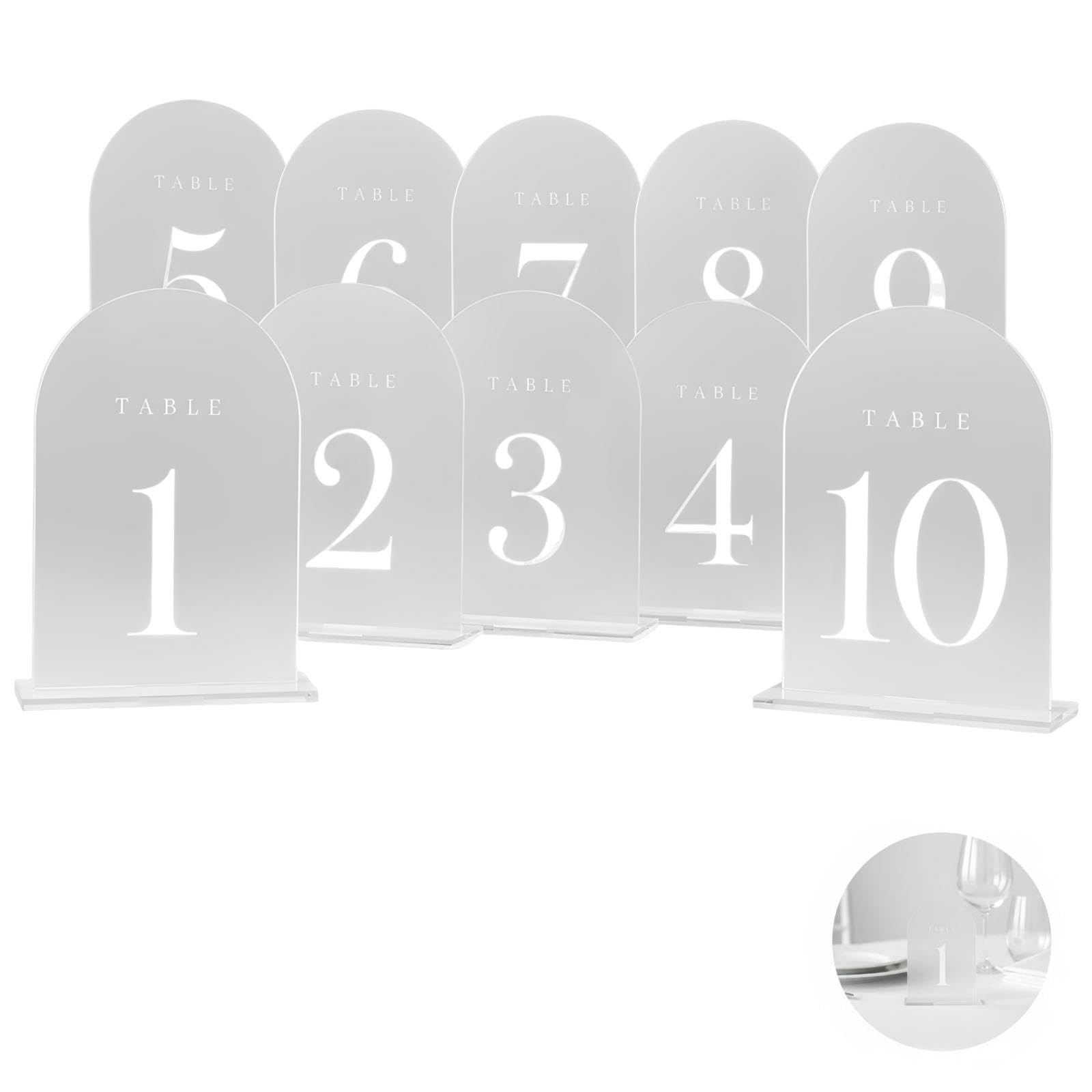 10 Stk. Frosted Arch Tischnummern für Hochzeitsempfang, Acryl Tischnummern 1 bis 10 mit Ständer, matte Bogen Acryl Schilder und Tischnummernhalter für Partys, Bankette und Feiern