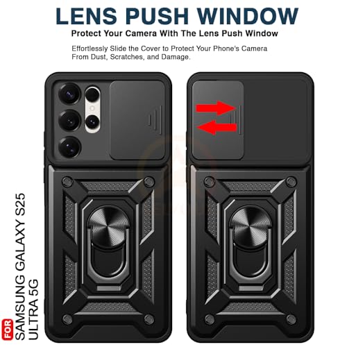 Image of Armor Bumper Back Cover Case for Samsung Galaxy S25 Ultra 5G | Rotating Camera Cover, Ring Holder & Kickstand | Heavy Duty & 360 Degree Protection Back Cover (Black)