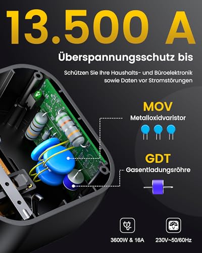 LENCENT Doppelstecker für Steckdose mit Überspannungsschutz 13.500A 2Fach Steckdosenadapter Steckdosenleiste Mehrfachstecker für Steckdose (3600W 16A)