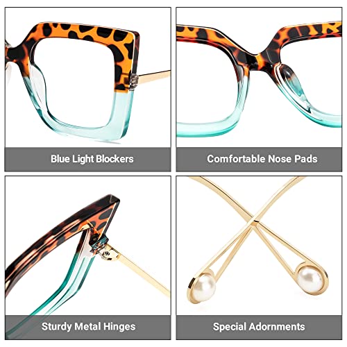 Image of Zeelool Chic Oversized Thick Square Blue Light Blocking Glasses for Women Qatar ZOP01892-06 Tortoise /Blue