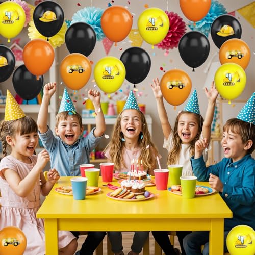 Image of Construction Balloons,30Pcs 12inch Yellow Orange Black Printed Works Latex Balloon for Children Construction Them Party Birthday Baby Shower Dump Truck Party Decorations
