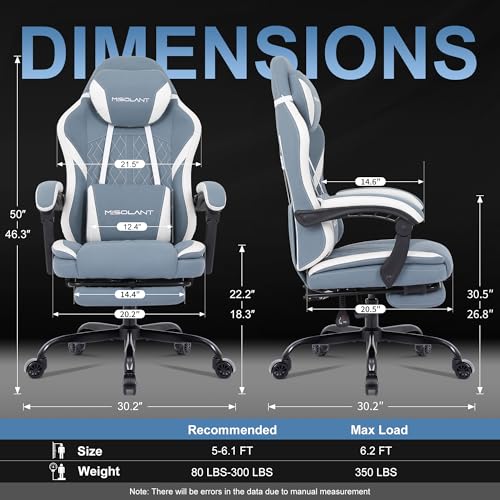 Image of Misolant Gaming Chair, Fabric Gamer Chair with footrest for Adults, High Back Ergonomic Computer Game Chair with Adjustable Headrest and Massage Lumbar Support, 90-155 Recline Free, Blue