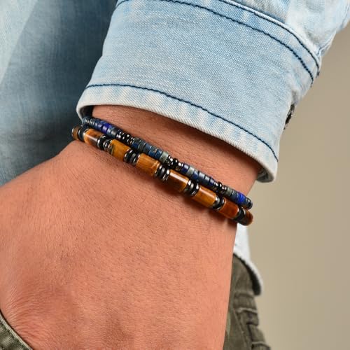 Pulsera ajustable de hematita y lapislázuli para hombre miniatura 4
