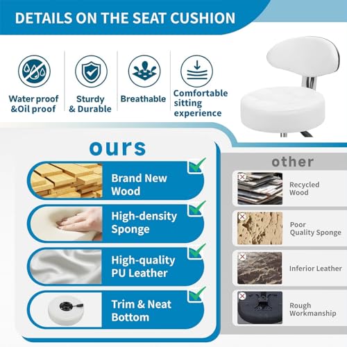 Image of Kaleurrier Rolling Stool with Back Support: Adjustable Height 22-30 inches for Nail Lash Tech Stylist - Heavy Duty Stool Chair with Wheels for Salon Shop Office Kitchen Garage White