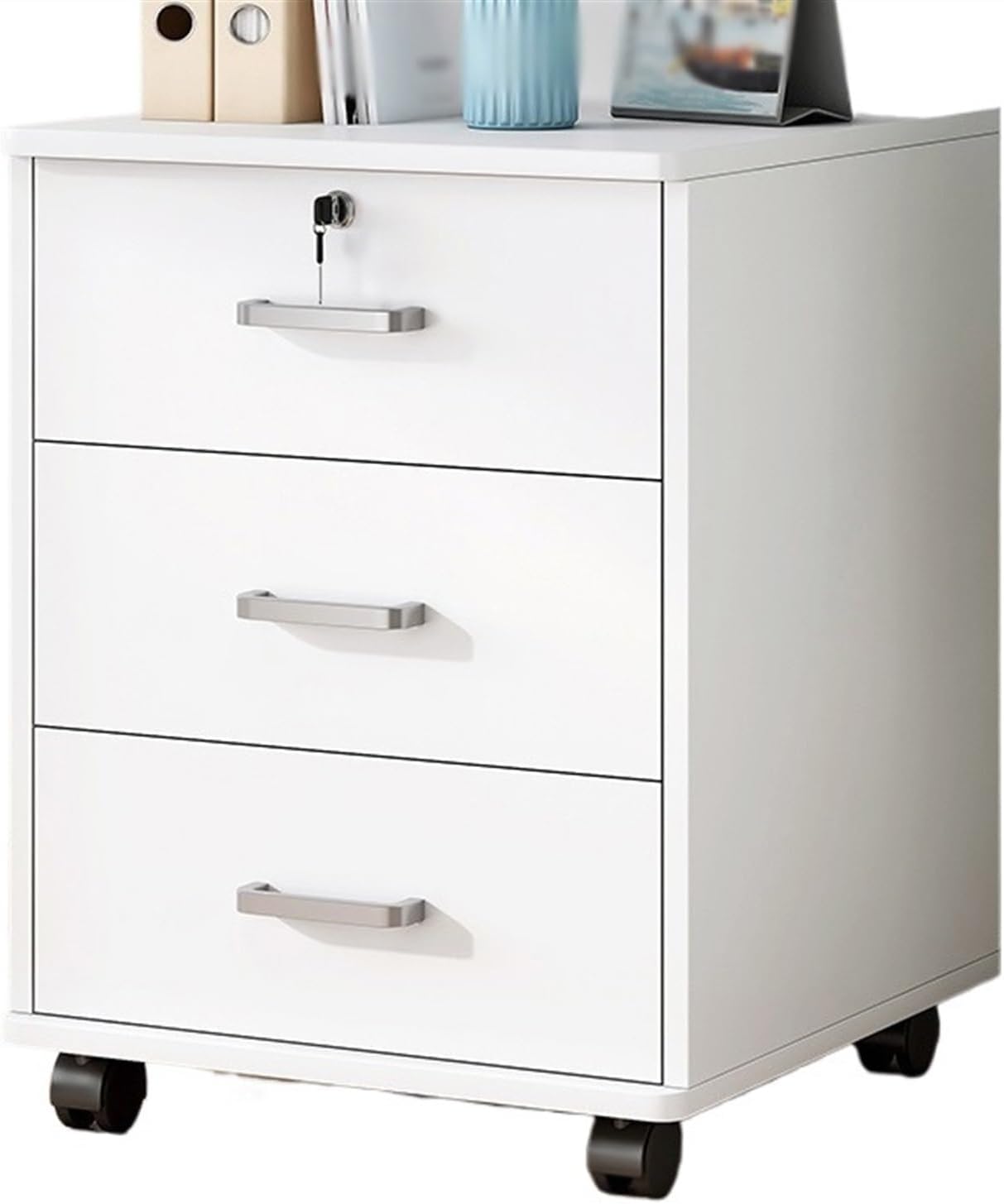 Cabinet File Cabinet Office File Cabinet, Solid Color 3 Drawer Wood Storage Cabinet, Lockable Filing Cabinet, Storage Wheel, Arch Sliding Small Side Cabinet