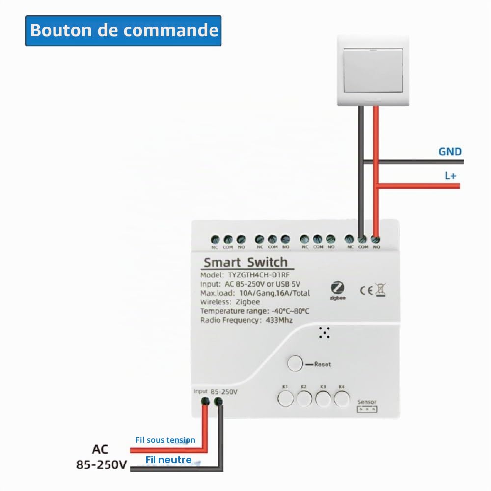 Contrôleur de température Zigbee avec sonde de température étanche, interrupteur 4 relais à contact sec, commande vocale à distance par l'application Tuya (hub Tuya Zigbee requis)