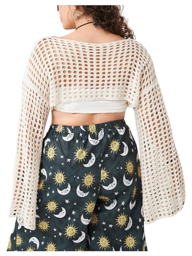 COZYEASE Women's Plus Size Y2K Hollow Out Long Sleeve Shrug Boat Neck Knit Crop Top Crochet Pullover Sweater2