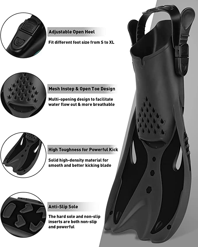 Delavala Snorkel Fins Adjustable Buckles Open Heel Swim Flippers Travel Size Short Swim Fins for Snorkeling Diving Swimming Adult Men Womens