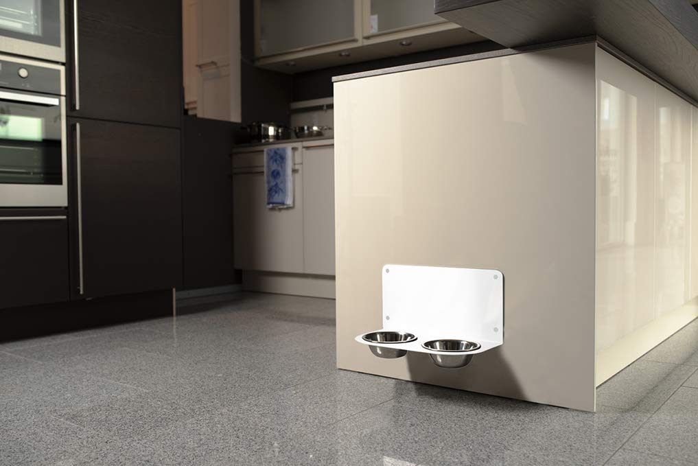 schmeck.bar Futterstation Futterbar erhöhter Futterspender kleine mittlere große schreckhafte Hunde mit Näpfen stabil hochwertig Wand (Weiss MATT, C: 600 x 228 x 306 mm - Napf 2X L)