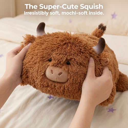 Image of Mewaii Cute Highland Cow Plush Pillow, Kawaii Plushies Highland Cow Stuffed Animals, Squishy Plushies, Cuddle Plush Pillow for Kids & Girls (13 Inch)