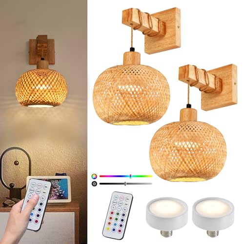 Battery Operated Wall Sconce Set of Two, Bamboo Solid Rubber