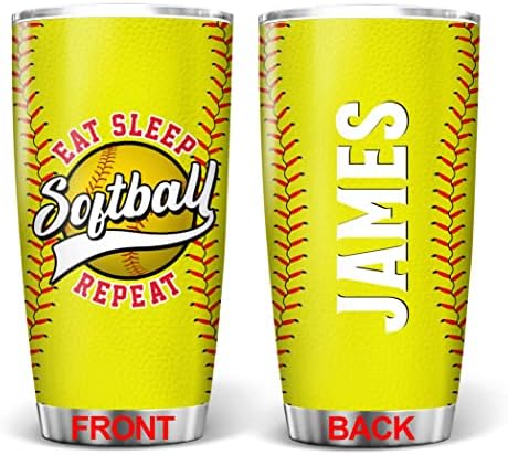 PREZZY Softball Gifts Personalized Tumbler Eat Sleep Softball Repeat Stainless Steel Tumblers with Lid 20oz Birthday Christmas Fathers Day Cup Gift For Men Sport Lovers Insulated Coffee Travel Mug