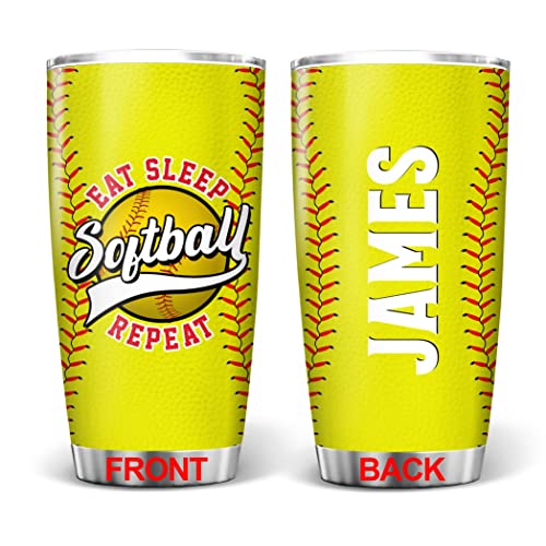 Prezzy Softball Gifts Personalized Tumbler Eat Sleep Softball Repeat Stainless Steel Tumblers With Lid 20Oz Birthday Christmas Fathers Day Cup Gift For Men Sport Lovers Insulated Coffee Travel Mug #TOP3