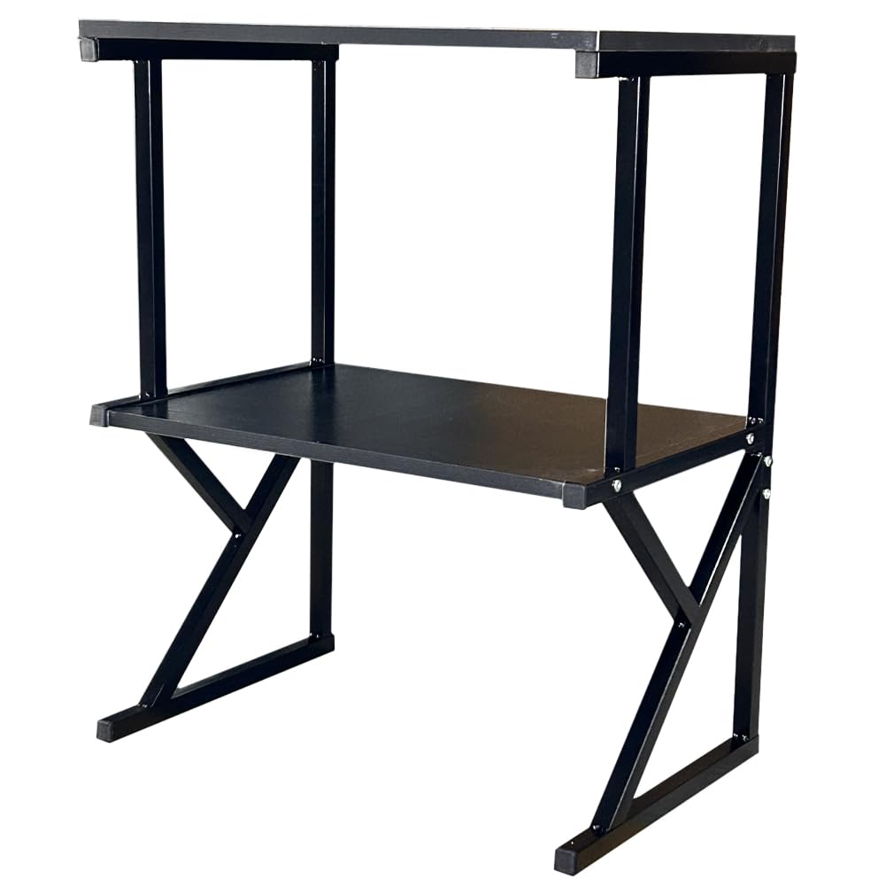 Shally Dogan Scaffalatura Salvaspazio Porta Microonde in Acciaio, Scaffale da Cucina con Ripiano Portaspezie, Unità di Mensole 2 Scomparti Piedini Antiscivolo, Mensola Design Moderno (Nero + Nero)