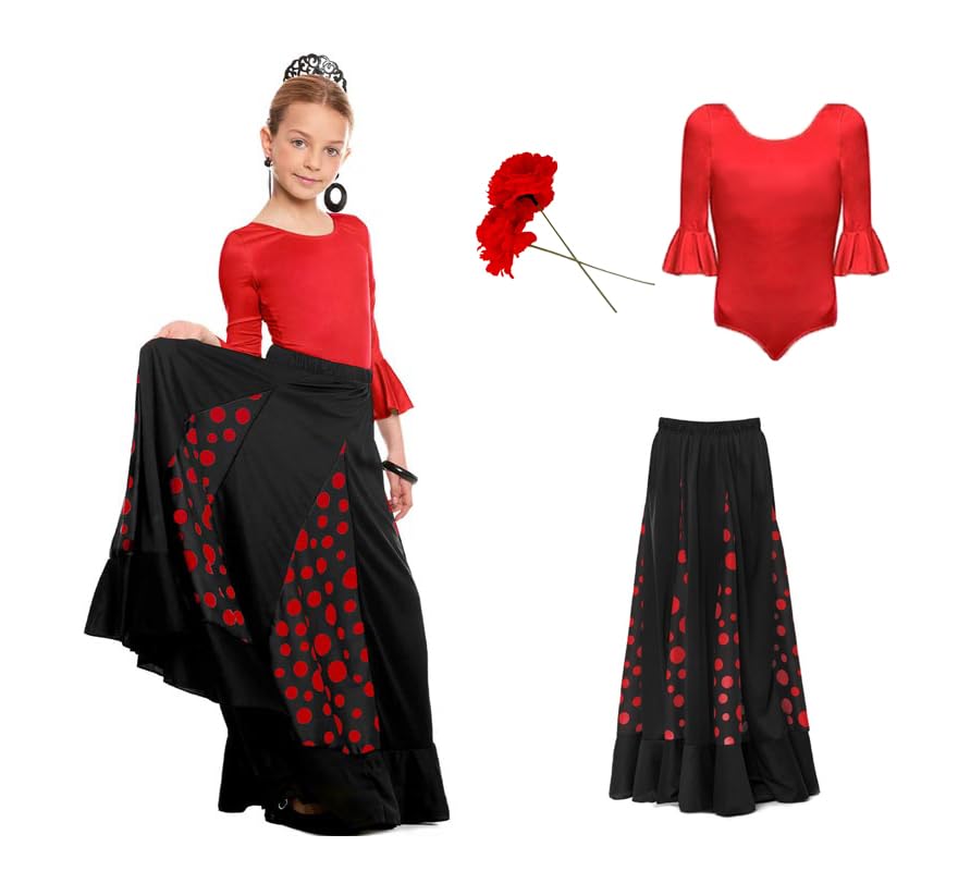 ZZ DISFRAZZES | Disfraz Sevillana Niña, Kid Flamenca Rojo y Negro con accesorios – Vestido Sevillana, Disfraz Feria de Abril, Carnaval y Fiestas Temáticas (Talla 10 años)