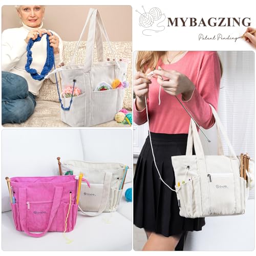 Image of Crochet Bag and Tote - Corduroy Yarn Bag - Yarn Holder and Storage for Crochet Hooks, Knitting Accessories - Mother's Day Gift
