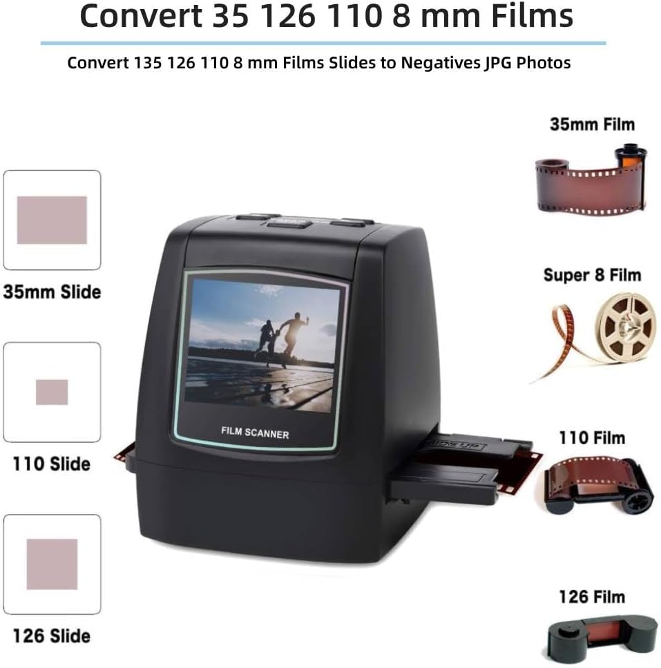 Film Slide Scanner 22MP with 2.0in TFT LCD Display, Converts 135 126 110 8mm Films Slides to Negatives, Color Black White JPG Photos