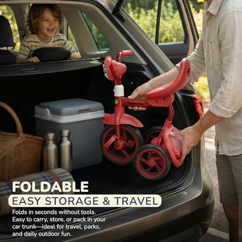 Image of Flyer Foldable Baby Tricycle for Kids | Kid Cycle with LED Light, Music & Storage Baskets | Baby Tricycle with Adjustable Seat & Handle | Cycle for Kids 2 to 5 Years (Red)