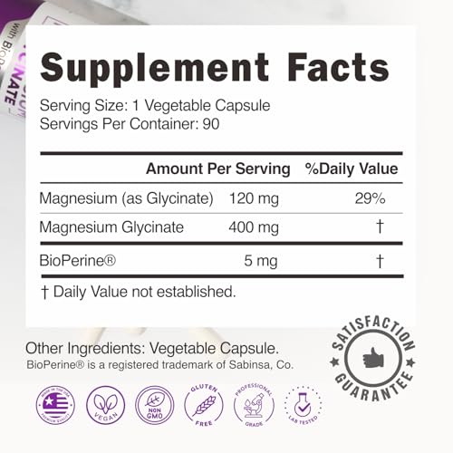 Image of Pure Magnesium Glycinate 400mg - 5X Higher Absorption - Support Stress Relief, Sleep, Bone Health - 100% Chelated - Pure Magnesium Supplement for Women and Men- 90 Veggie Capsules